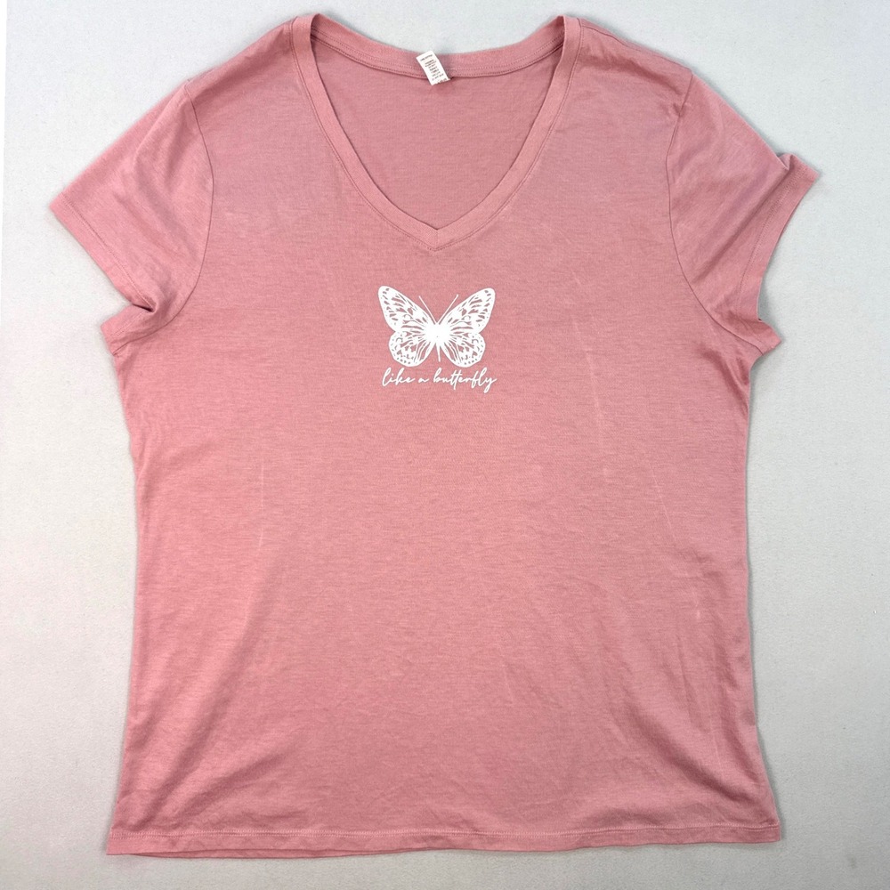 PRO MC Womens 3X Pink Butterfly Graphic V-Neck Short Sleeve Cotton T-Shirt